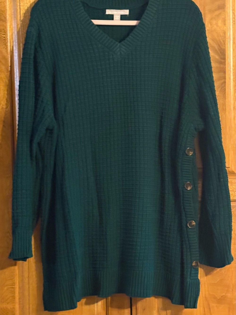 Woman Within Chunky Waffle Weave Button-Side Sweater - Emerald 22/24